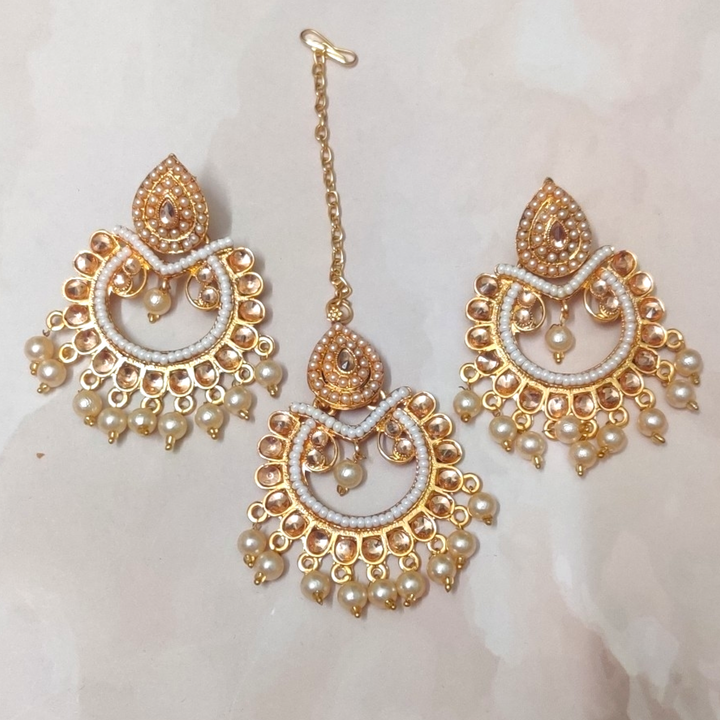 Gold Colour Kundan Earrings with Maangtika - Sparkleeng Jewels