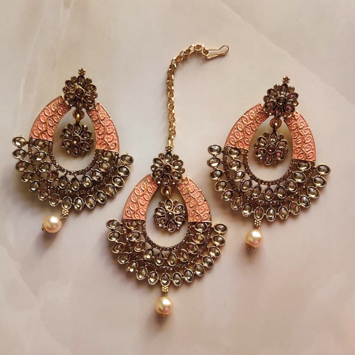 Peach Colour Polki Kundan Earrings with Maangtika - Sparkleeng Jewels