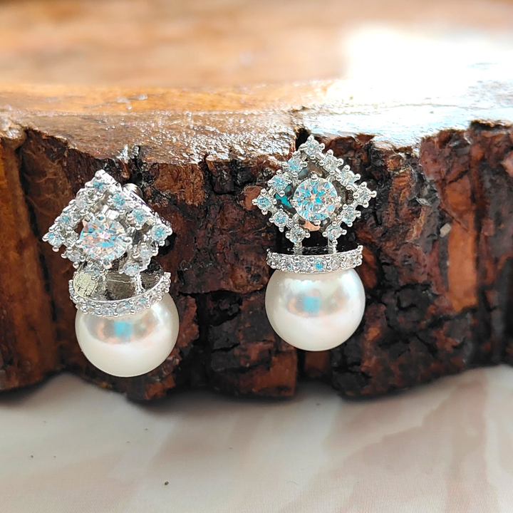 CZ - Pearl Short Earrings with Rhodium Plating - AD Earrings - Sparkleeng Jewels