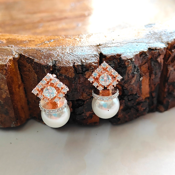 CZ - Pearl Short Earrings with Rhodium Plating - AD Earrings - Sparkleeng Jewels