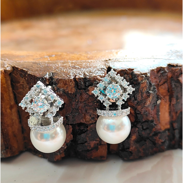 CZ - Pearl Short Earrings with Rhodium Plating - AD Earrings - Sparkleeng Jewels