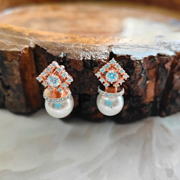 CZ - Pearl Short Earrings with Rhodium Plating - AD Earrings - Sparkleeng Jewels