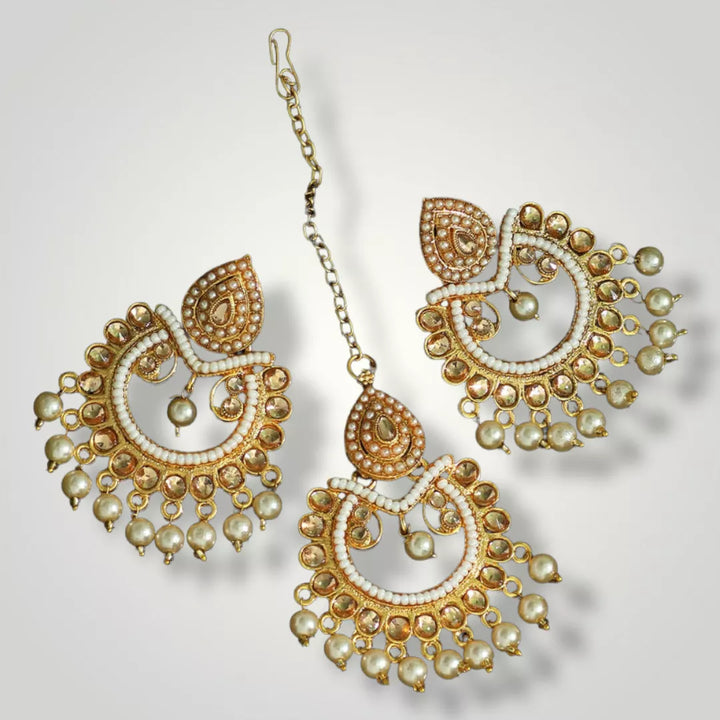 Gold Colour Kundan Earrings with Maangtika - Sparkleeng  Jewels